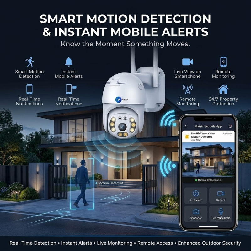 Maizic Smarthome Fox Outdoor WiFi Security Camera | 360° Pan Tilt Zoom | 50m Color Night Vision | AI Motion Alerts | Two-Way Audio Intercom | IP66 Weatherproof | SD Card Recording | Remote Live View (White)