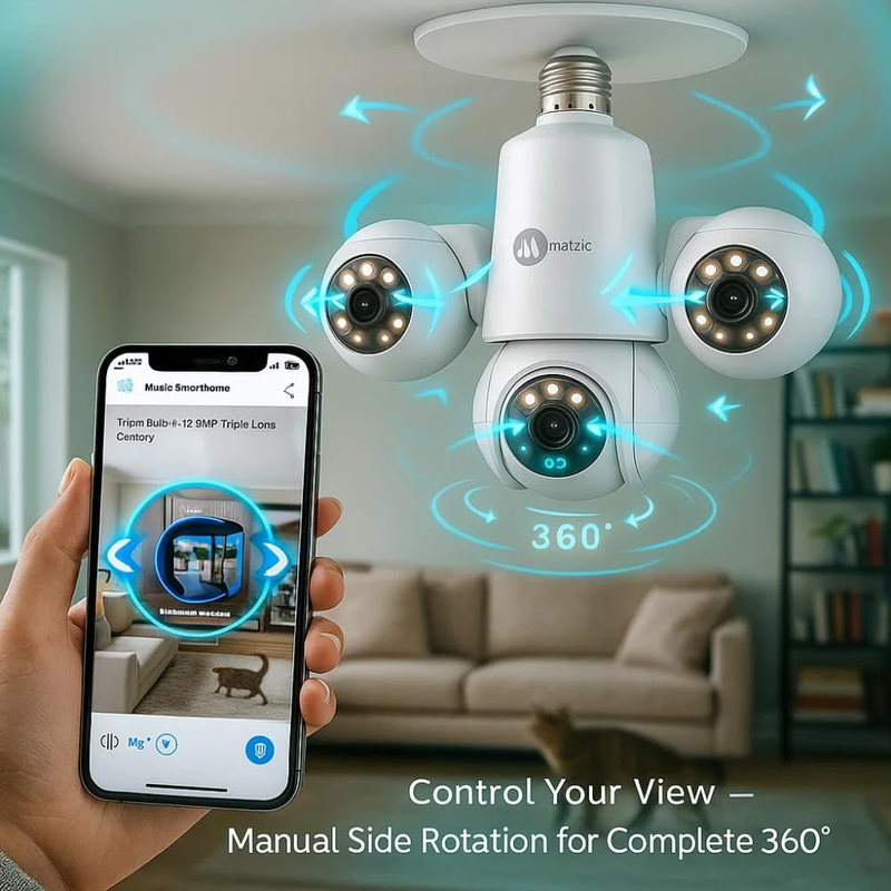 Maizic Smarthome Trion Bulb 5+5+5MP FHD Triple Lens WiFi CCTV Camera | Manual Side Rotation | 360° View | Color Night Vision | AI Human Detection | Two-Way Audio | Indoor Security | TF Card Support