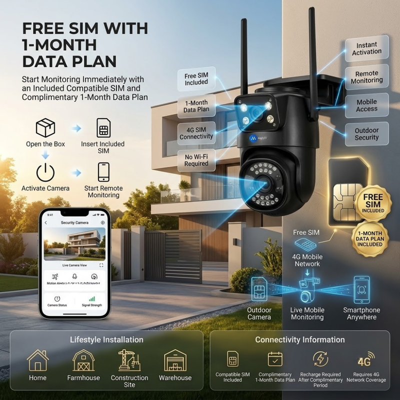 Maizic SmartHomes Mini Supercam Black 4G SIM Outdoor Security Camera | 5MP+5MP Dual Lens | Dual Screen Live View | Free SIM & 1-Month Data Plan | Color Night Vision | AI Motion Detection | Two-Way Audio | Multi-User Access