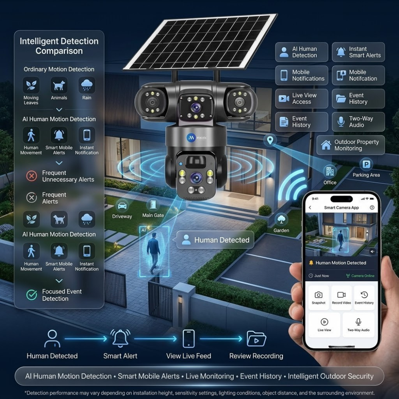 Maizic Smarthome Batman Solar 4G SIM Outdoor CCTV Camera 5MP×3 Triple Lens | AI PTZ Security Camera | Triple Screen Live View | Color Night Vision | Human Detection | Two-Way Audio | Solar Powered | Black
