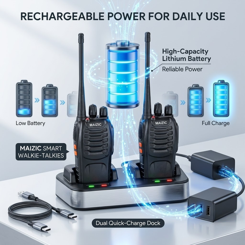 Maizic Smarthome Rechargeable Walkie Talkie Pack of 2 | Up to 5KM Range | 16-Channel Two-Way Radio | Push-to-Talk Wireless Communication | Rechargeable Battery | Portable Handheld Transceiver for Security, Warehouse, Camping & Outdoor Use