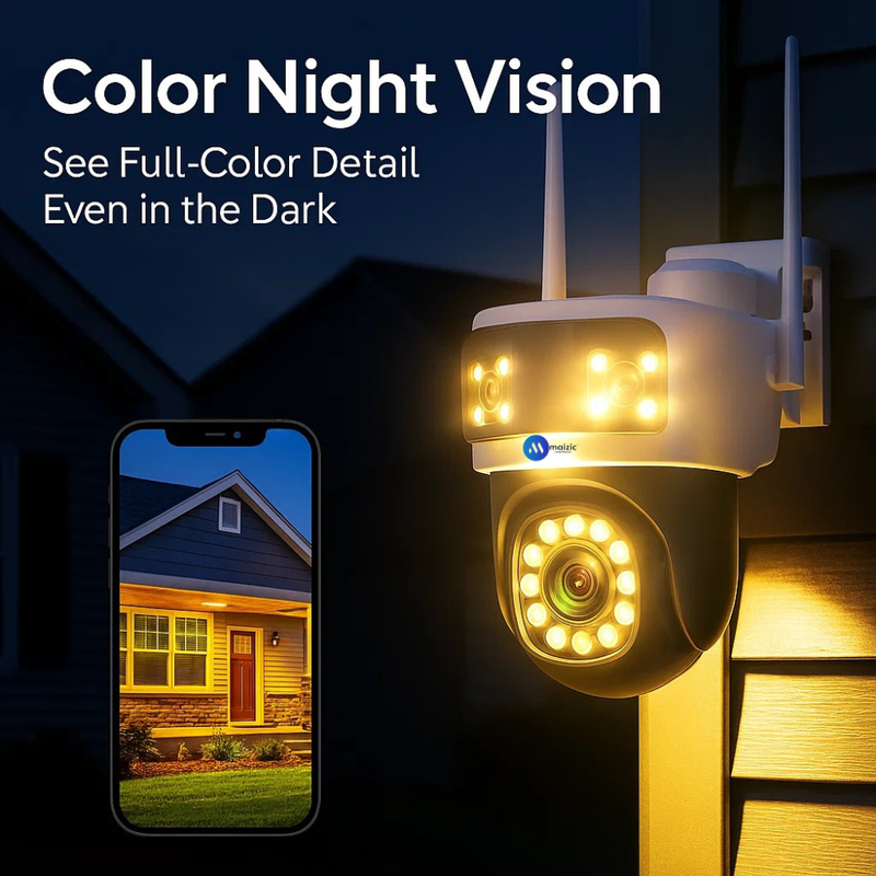 Maizic Smarthome Tricam 4G White 5MP x 3 UHD Triple Lens/Triple Screen Outdoor CCTV Camera | Color Night Vision | AI Human Detection | 2-Way Audio | IP66 Waterproof Home Security Camera