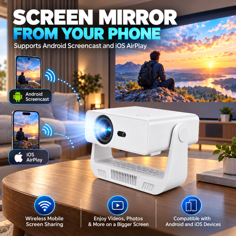 Maizic Smarthome Nano Lumora HD Smart LED Projector, Native 720P, 220 ANSI Lumens, 150 Inch Display, Dual Band WiFi, Bluetooth, Auto Keystone, Android & iOS Screen Mirroring, HDMI & USB