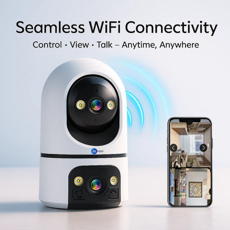 Maizic Smarthome Kyrone X2 5+5MP Dual Lens/Screen WiFi Indoor CCTV Camera | Full HD 1080p | 360° View | Color + IR Night Vision | Two-Way Audio | Motion Detection | Video Calling | SD Card Support up to 128 GB