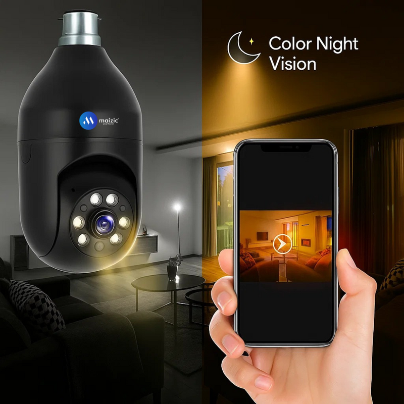 Maizic Smarthome Black Bulb Holder 3MP HD Wi-Fi CCTV Camera | Indoor Security PTZ with Color Night Vision, Two-Way Audio & Siren