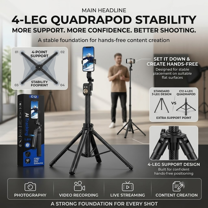 Maizic Smarthome Gimbal Camera G2 1.8M Selfie Tripod for Mobile Phone, 360° Auto Rotation AI Face Tracking Tripod with Remote Control, Quadrapod Stand & Adjustable Phone Holder for Reels, Vlogging & Video Recording