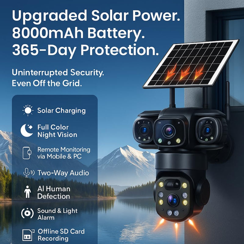 Maizic Smarthome SunEye 3X 4G Solar Triple Lens 5MP Outdoor CCTV Camera | 3-Screen View | Manual Side Rotation | Auto Tracking | Human Detection | Color Night Vision | Two-Way Audio |Multi-User Access