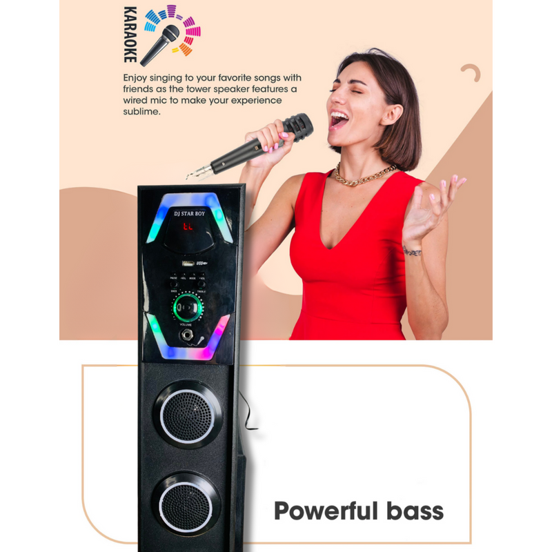 DJ Star Boy Tower Speaker - Powerful Sound, Elegant Design | Bluetooth, USB, FM Radio | Karaoke Mic Included