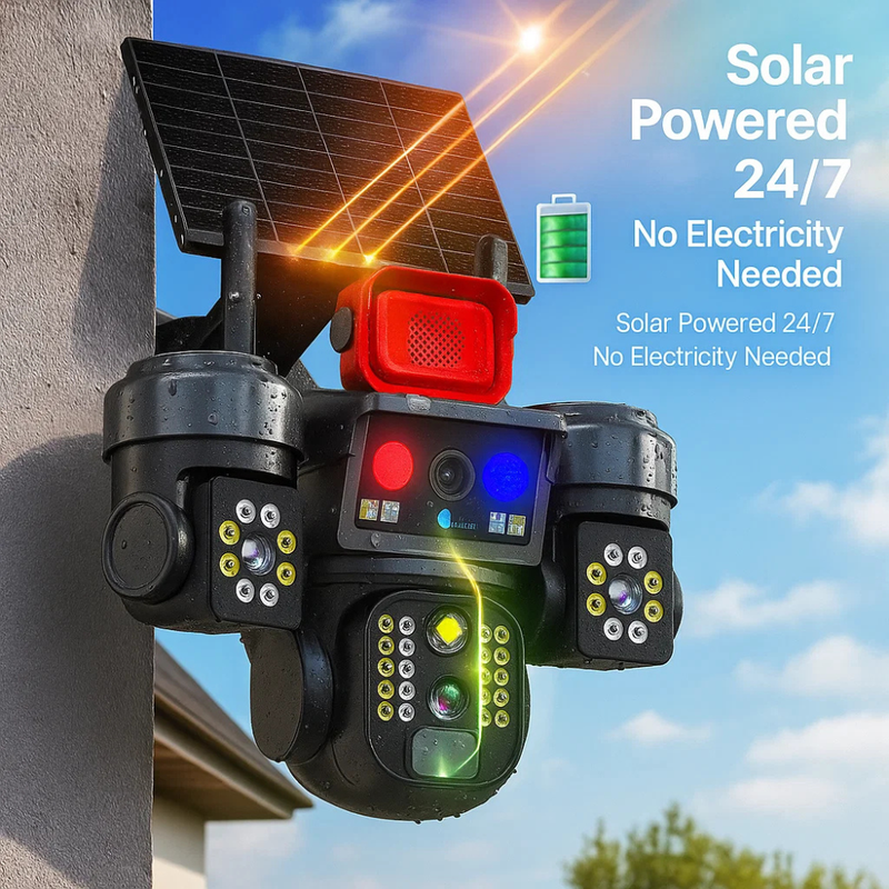 Renewed Maizic Smarthome Batman Siren 4G Solar Triple Lens CCTV Camera | 3×3MP UHD | Outdoor Security | Manual Side Rotation | Color Night Vision | Human Detection | Two-Way Audio | IP67 Waterproof