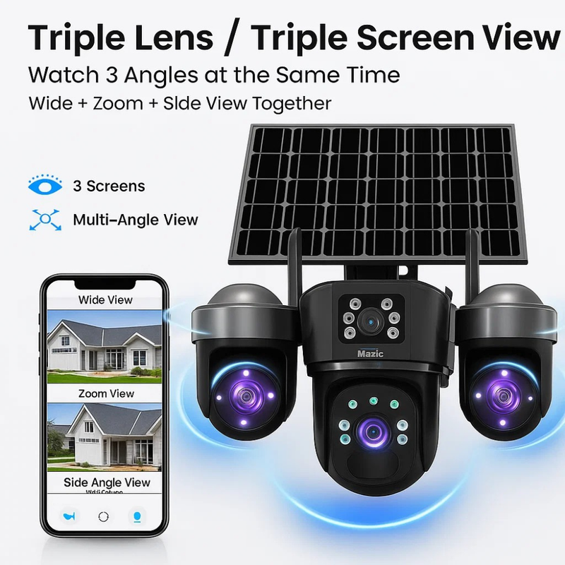 Maizic Smarthome UltraGenie Max 5MP×3 UHD Triple Lens/Screen Triple PTZ WiFi Solar Outdoor CCTV Camera | Color Night Vision | Human Detection | Two-Way Audio | IP66 Waterproof | Multi-User View