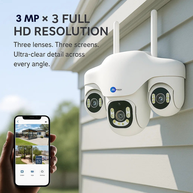 Maizic TRIGENIE 4G AI Triple Lens Outdoor Security Camera  Full-Coverage Smart Surveillance | 4G SIM Support | 3MP×3 FHD Clarity | AI Motion Detection