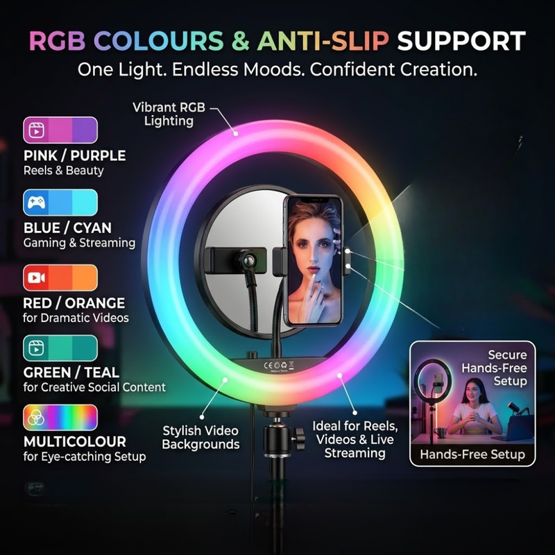 Maizic Smarthome RGB LED Soft Ring Light with Adjustable Phone Holder for Selfies, Reels, YouTube, Vlogging, Video Shooting & Live Streaming