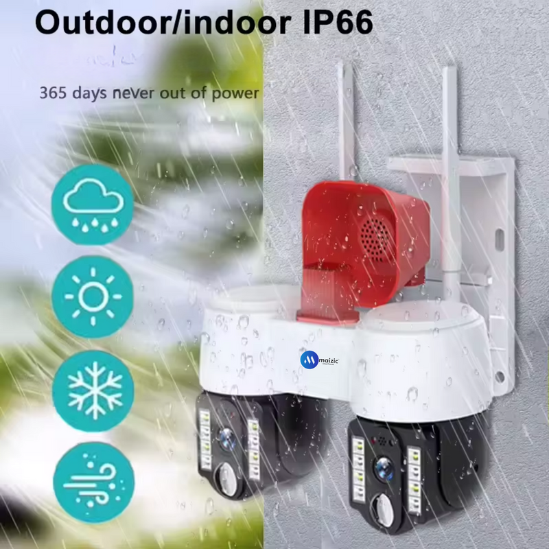 Maizic Smarthome 2in1 2K FHD Siren 1080p Resolution WIFI Wireless Outdoor Camera with Dual Lens | 360° View | Alarm | Motion Detection | Color Night Vision | IP66 Weatherproof | Two Way Audio Support Upto 128 GB SD Card