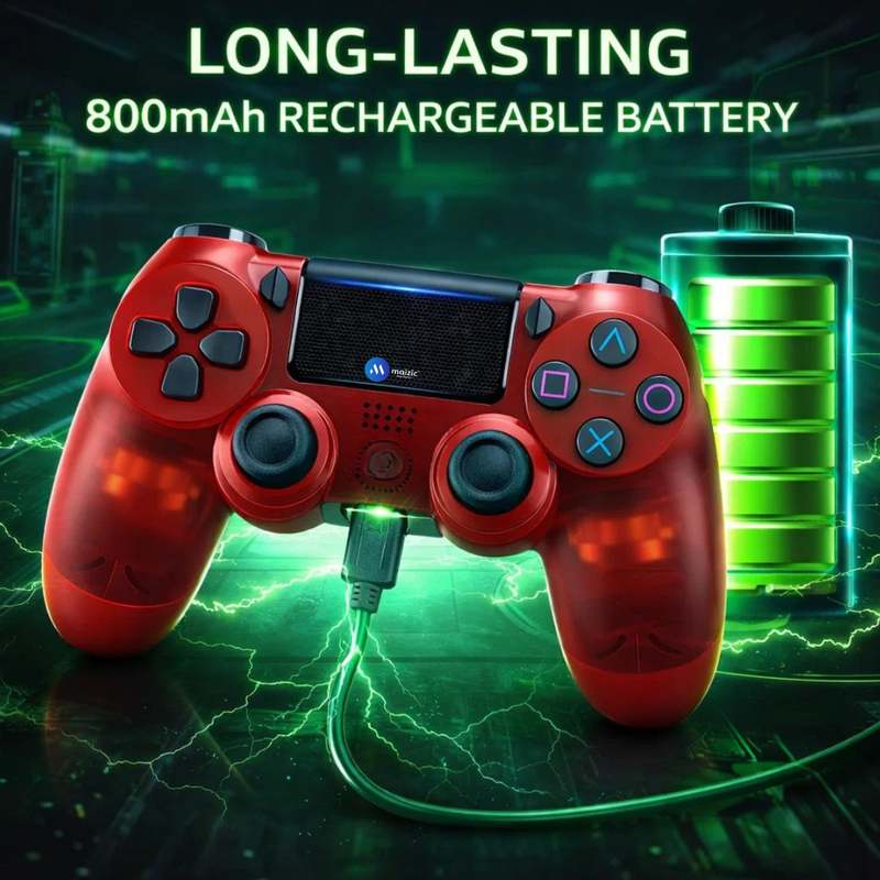 Maizic Smarthome Funnetic P4 Wireless Gaming Controller, Transparent Red Gamepad with Dual Vibration Motors, Touch Pad, 800mAh Battery, 3.5mm Headset Jack & Plug-and-Play Support – Compatible with P3, P4, Windows PC & Android