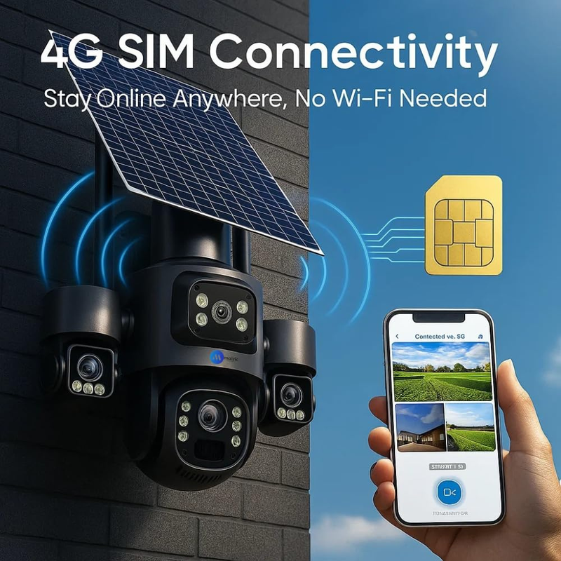 Renewed Maizic Smarthome Ultragenie 4G Solar 5MP×3 FHD 3 Lens/3 Screen AI Triple PTZ Outdoor CCTV Camera | 360° View | Color Night Vision | Human Detection | 2-Way Audio | IP66 Waterproof