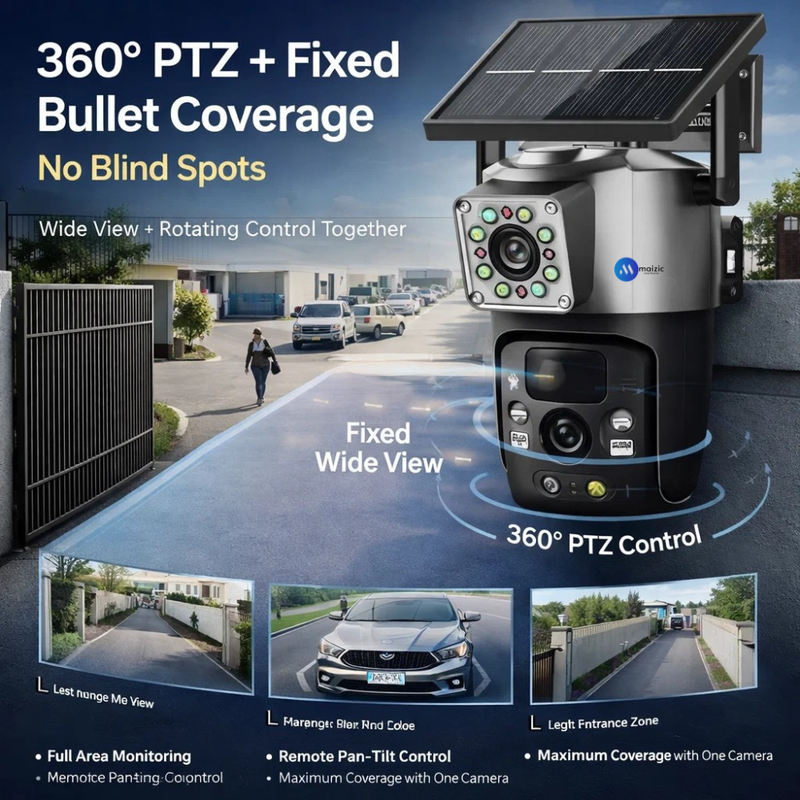 Maizic Smarthome Supercam 2.0 4G Solar Dual Lens/Screen 5+5MP UHD Outdoor CCTV | PTZ + Bullet | 360° View | 8000mAh Battery | Color Night Vision | 2-Way Audio | Human Detection | IP66 Waterproof