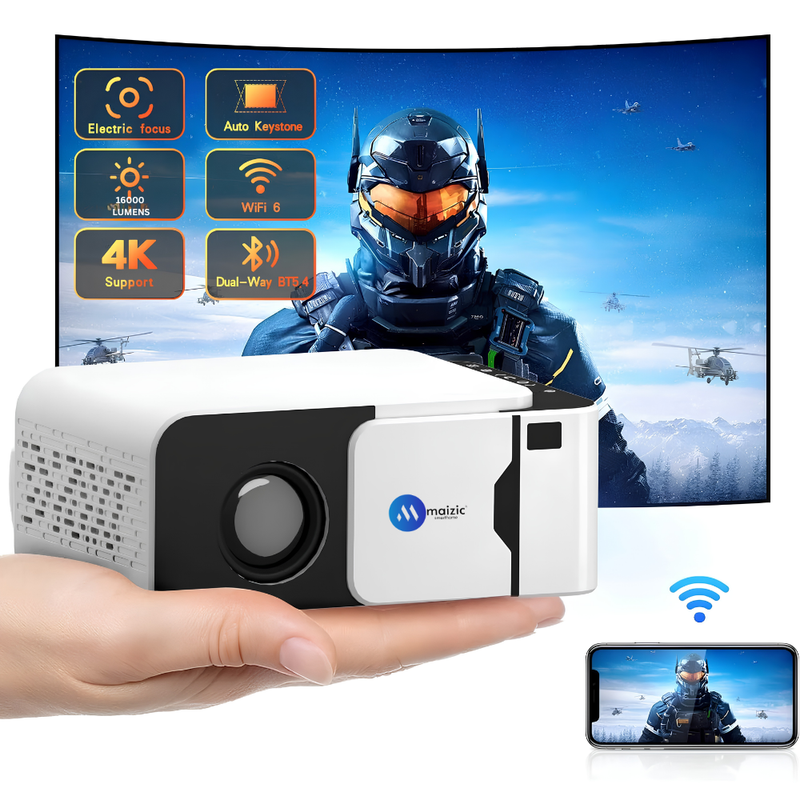 Maizic Smarthome Lumora Mini Smart Projector for Home, Native 1080P Full HD, 4K Support, Android 14, 16000 Lumens, Auto Keystone, WiFi 6, Bluetooth 5.4, Miracast & Short Focus Lens