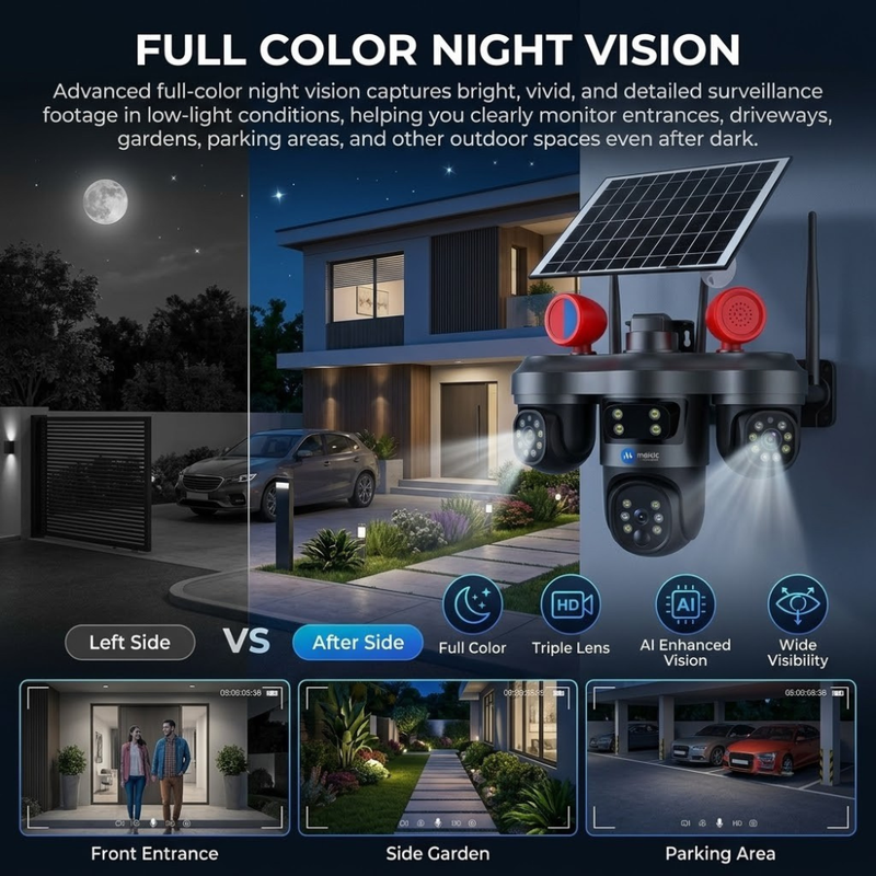 Maizic Smarthome TRIGENIE Siren Solar Wi-Fi Triple Lens 5MP×3 AI PTZ Security Camera | 360° Outdoor Surveillance | Triple Screen Monitoring | Color Night Vision | Human Detection | 2-Way Talk | IP66 Waterproof (Black)