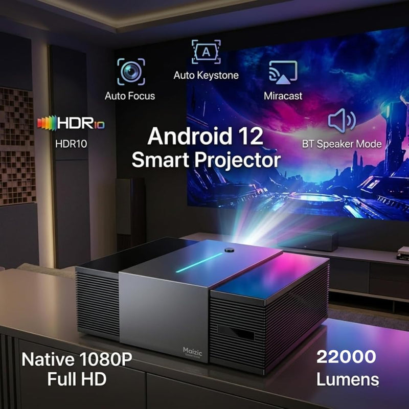 Maizic Smarthome Lumora Ultra Pro Max Native 1080P Full HD Smart Projector | 22000 Lumens Android 12 AI LCD Projector | Auto Focus & Auto Keystone | HDR10, Miracast, BT Speaker Mode, 15W Loud Speakers