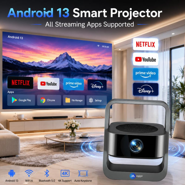 Maizic Smarthome Lumora Pro Smart Projector | 4K Support, Android 13, Auto Focus & 4-Point Keystone | 16000 Lumens, 150” Big Screen, Built-in Speaker for Home Theater, Movies & Gaming