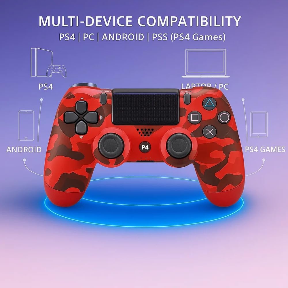 Maizic Smarthome Funetic Red Camo Bluetooth Wireless P4 Controller with dual vibration, turbo, touchpad, Type-C fast charging, 10hr battery, and