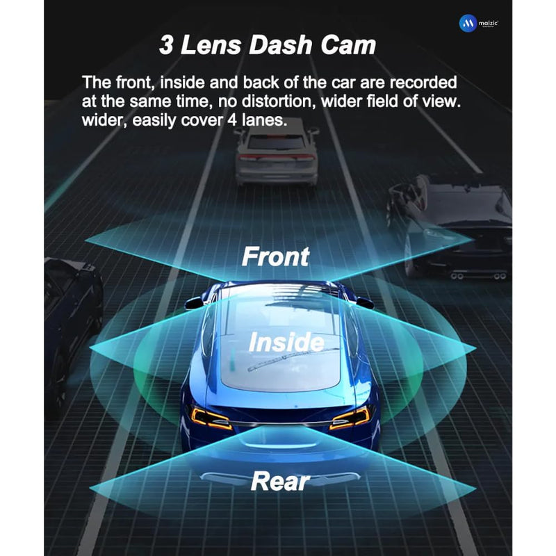 Maizic Navic Trio 3-Channel Dash Cam – 1080P Front, Rear & Cabin, Motion Detection, G-Sensor, Parking Monitor, 64GB SD Support
