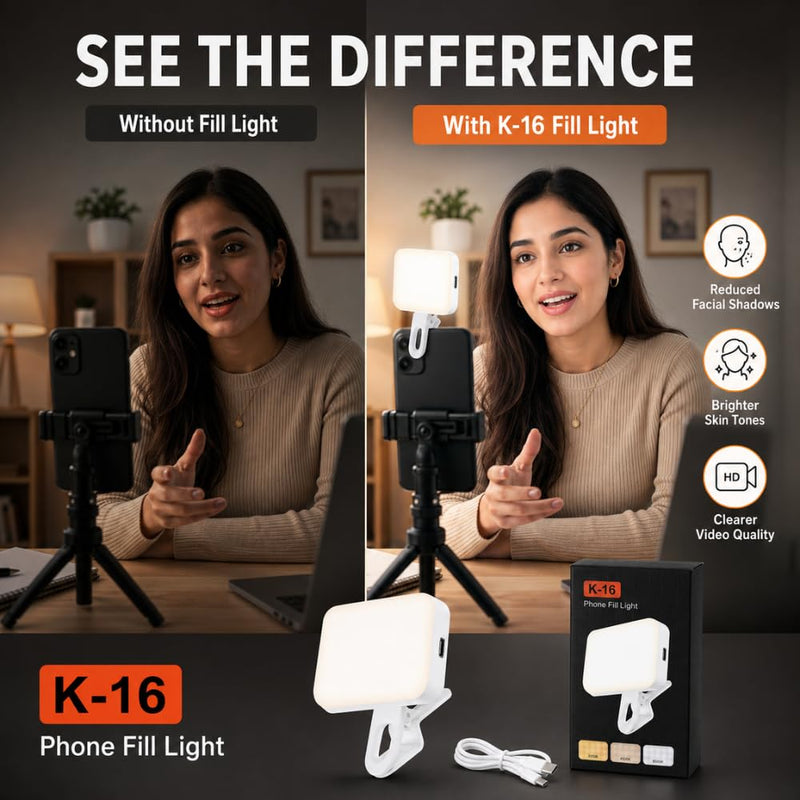 Maizic Smarthome K-16 LED Selfie Fill Light for Phone | 2200mAh Rechargeable Clip-On Video Light | 3 Colour Temperatures & 9 Lighting Modes | for Vlogging, Makeup, Photography & Video Calls
