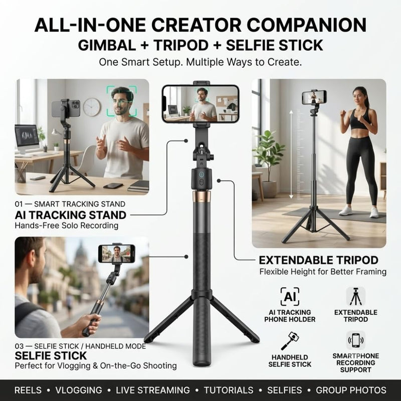 Maizic Smarthome 1.8M AI Auto Face Tracking Selfie Stick Tripod, 360° Rotating Mobile Phone Stand with Bluetooth Remote, Foldable Extendable Tripod for Vlogging, Reels, Selfies & Live Streaming