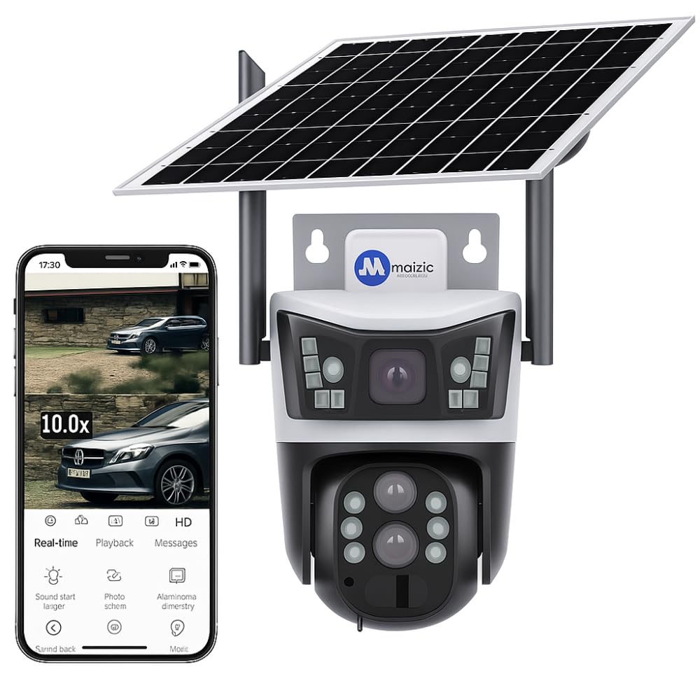 Maizic Smarthome Opti-Zoom 10X Optical Zoom 2 Lens/3 Screen View 4G Sim Based Wireless Solar CCTV Camera with 7W Solar Panel Built-in Battery, Human+ PIR Motion Detection, Two-Way Audio
