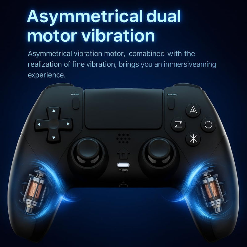 Maizic Smarthome Play-X Black-5 Wireless Gamepad with dual vibration motors, 800mAh battery, 3.5mm headset jack, and plug & play support for PS4, Windows, and Android.
