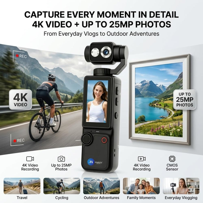 Maizic Smarthome Q8 4K Vlogging Camera for YouTube | 180° Rotating Lens, 2.0