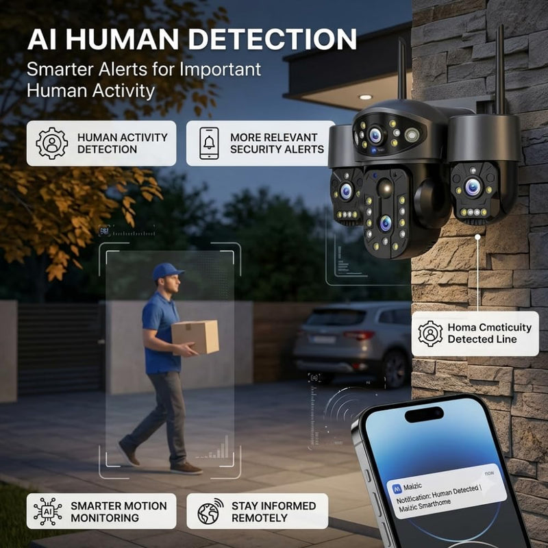 Maizic Smarthome Quadgenie 2.0 4G (6MPx4) Four Lens/Screens Outdoor CCTV Camera | Bullet + Triple PTZ | Color Night Vision | AI Human Detection | Two-Way Talk | IP67 Waterproof