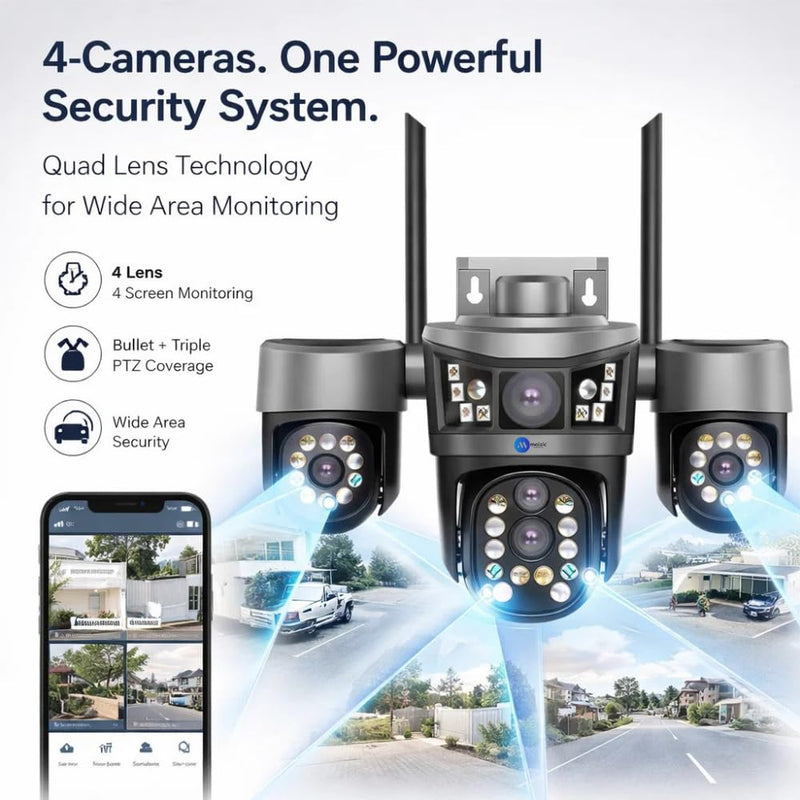 Maizic Smarthome Quadgenie 4G (6MPx4) Four Lens/Screens Outdoor CCTV Camera | Bullet + Triple PTZ | 10X Optical Zoom | Color Night Vision | AI Human Detection | Two-Way Talk | IP67 Waterproof