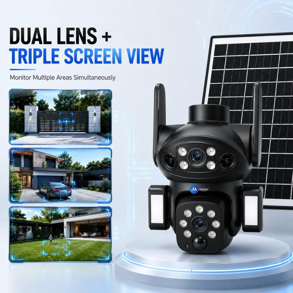 Maizic Smarthome Tricam Black Beauty 4G SIM Solar Security Camera with Dual Lens & Triple Screen View | 5MP+5MP FHD Outdoor CCTV Camera | 360° PTZ AI Human Tracking | Two Way Audio | Dual Lights