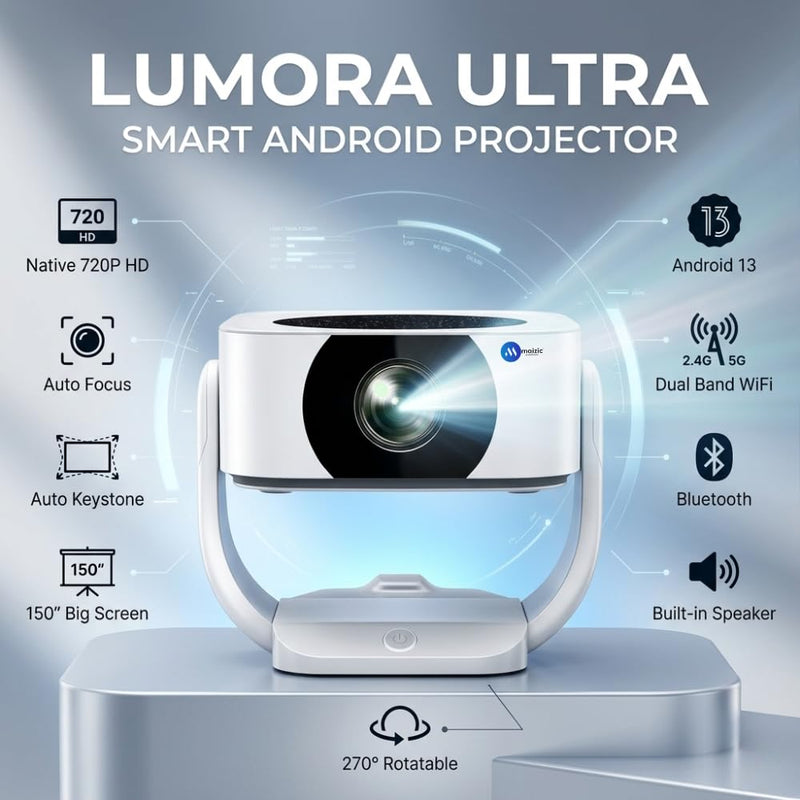 Maizic Smarthome Lumora Ultra Smart Projector | Android 13, Auto Focus & Auto Keystone, WiFi BT, Built-in Speaker, 12000 Lumens, 150” Home Theater Projector for Movies, Gaming