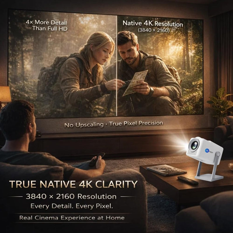 Maizic Smarthome AVITAR 4K Smart LED Projector | Native 4K | 8000 Lumens | Android 14 | Netflix, YouTube & Play Store | WiFi & BT | Auto Keystone | 360° Rotation | Miracast | HDMI, USB | 200″ Screen