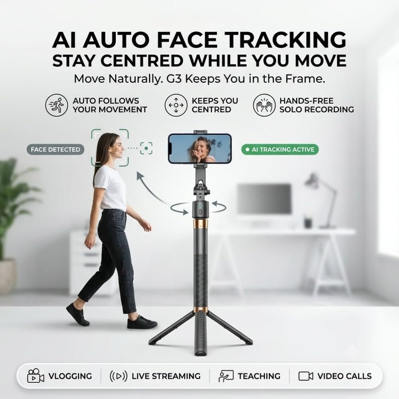 Maizic Smarthome 1.8M AI Auto Face Tracking Selfie Stick Tripod, 360° Rotating Mobile Phone Stand with Bluetooth Remote, Foldable Extendable Tripod for Vlogging, Reels, Selfies & Live Streaming