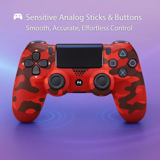 Maizic Smarthome Funetic Red Camo Bluetooth Wireless P4 Controller with dual vibration, turbo, touchpad, Type-C fast charging, 10hr battery, and protective case. Compatible with PS4, PC, smartphone, and PS5-supported games.