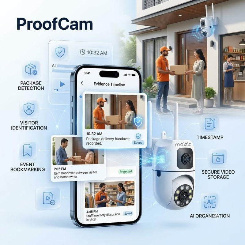 Maizic Smarthome Ask 5MP WiFi AI Agent CCTV Camera | Dual-Lens View | Hindi & English Voice Daily Briefing | Face Recognition, Smart Journal, ProofCam Video Evidence & Colour Night Vision