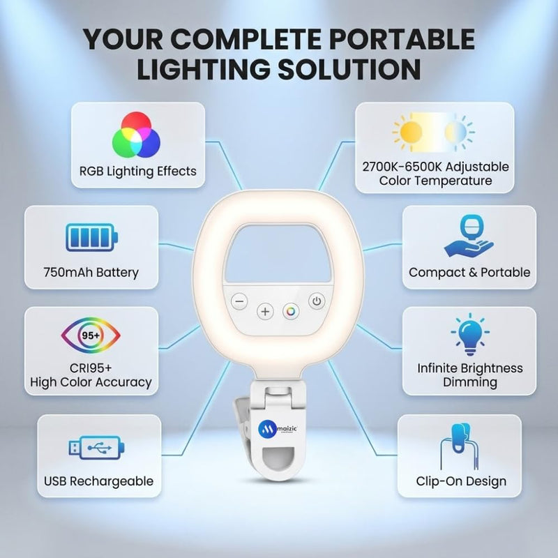 Maizic Smarthome W60 Professional Mini Clip-On LED Light for Phone, Laptop, Webcam & Camera, Rechargeable Selfie Ring Light, CRI95+, 2700K-6500K, 750mAh Battery for Photography, Makeup & Video Calls