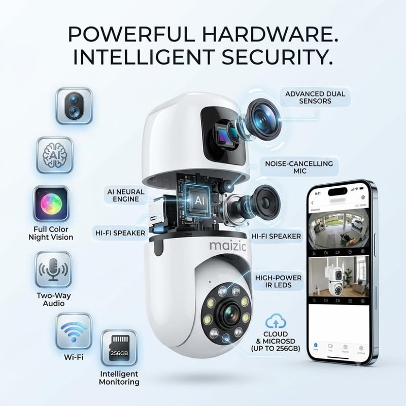 Maizic Smarthome Ask 5MP WiFi AI Agent CCTV Camera | Dual-Lens View | Hindi & English Voice Daily Briefing | Face Recognition, Smart Journal, ProofCam Video Evidence & Colour Night Vision