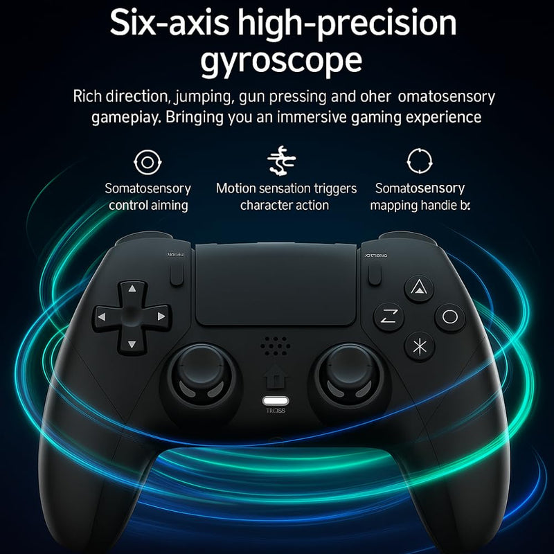 Maizic Smarthome Play-X Black-5 Wireless Gamepad with dual vibration motors, 800mAh battery, 3.5mm headset jack, and plug & play support for PS4, Windows, and Android.