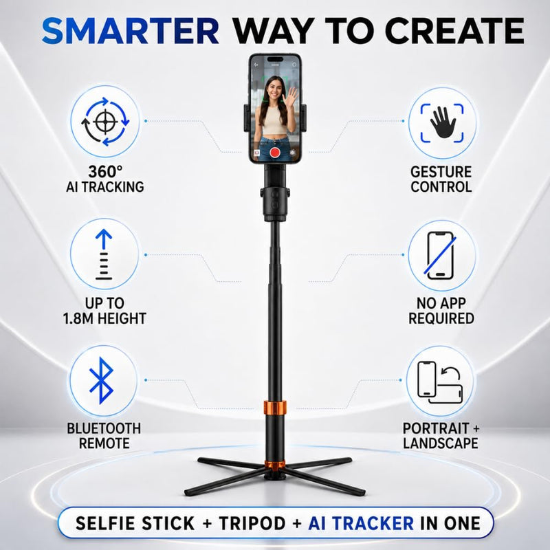 Maizic Smarthome Q13 AI Face Tracking Tripod 1.8M, 360° Auto Tracking Selfie Stick with Gesture Control, Bluetooth Remote, Portrait Landscape Phone Holder for Vlogging, Reels & Live Streaming