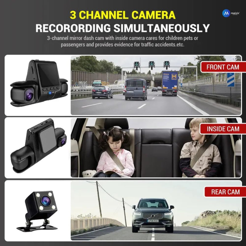 Maizic Navic Trio 3-Channel Dash Cam – 1080P Front, Rear & Cabin, Motion Detection, G-Sensor, Parking Monitor, 64GB SD Support