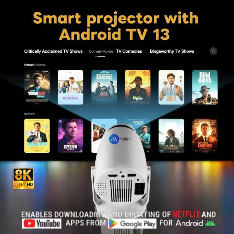 Maizic Smarthome Boombeat Projector | 8000 Lumens Android 13 LED Projector | 8K & 4K Supported | Built-in Speaker | Bluetooth 5.2 | Wi-Fi Mirroring | HDMI USB | Auto Keystone | Netflix YouTube