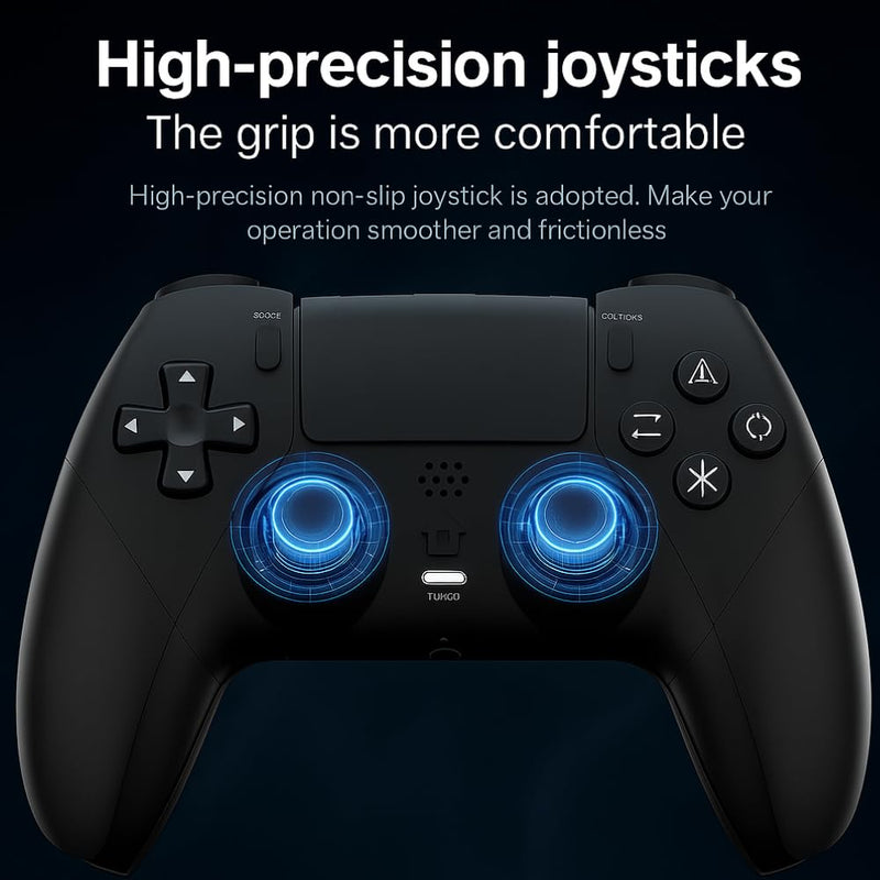 Maizic Smarthome Play-X Black-5 Wireless Gamepad with dual vibration motors, 800mAh battery, 3.5mm headset jack, and plug & play support for PS4, Windows, and Android.
