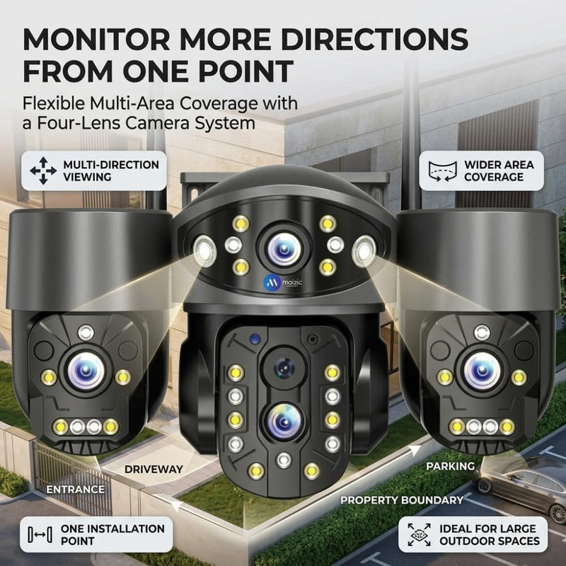 Maizic Smarthome Quadgenie 2.0 4G (6MPx4) Four Lens/Screens Outdoor CCTV Camera | Bullet + Triple PTZ | Color Night Vision | AI Human Detection | Two-Way Talk | IP67 Waterproof