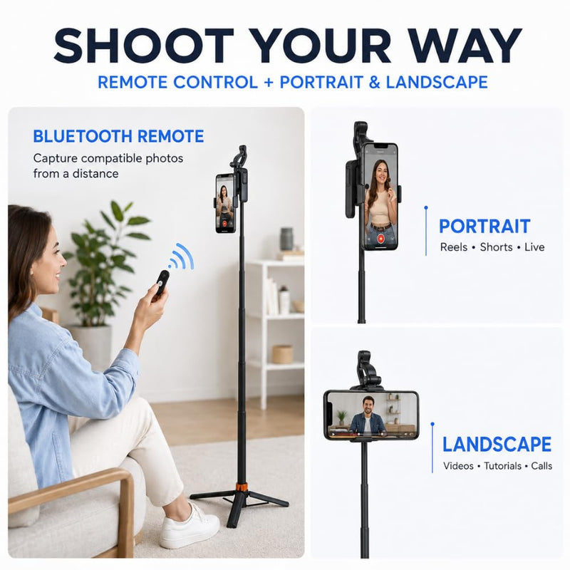 Maizic Smarthome Q13 AI Face Tracking Tripod 1.8M, 360° Auto Tracking Selfie Stick with Gesture Control, Bluetooth Remote, Portrait Landscape Phone Holder for Vlogging, Reels & Live Streaming