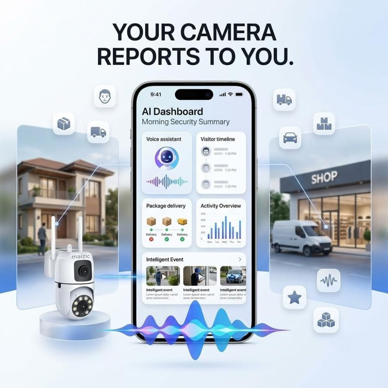 Maizic Smarthome Ask 5MP WiFi AI Agent CCTV Camera | Dual-Lens View | Hindi & English Voice Daily Briefing | Face Recognition, Smart Journal, ProofCam Video Evidence & Colour Night Vision
