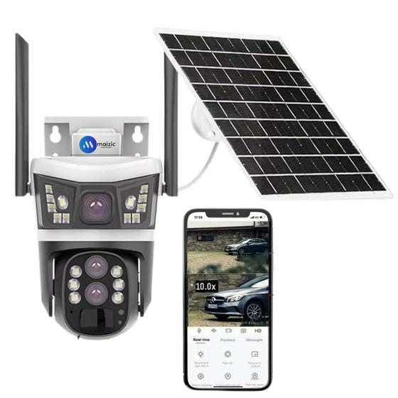 Maizic Opti-Zoom 4G Solar CCTV – 10X Optical Zoom, Dual Lens, 3-Screen View, Motion Detection, Two-Way Audio